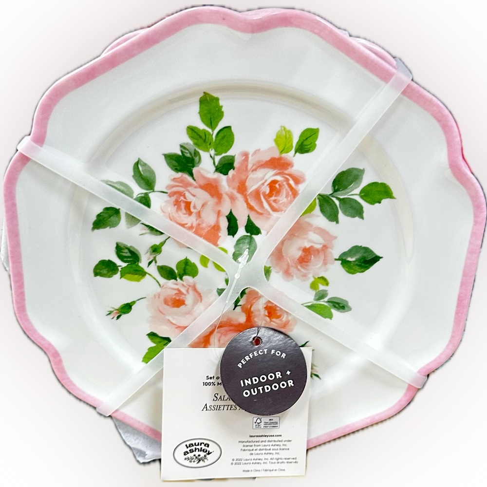 Laura Ashley 4 set Melamine Pink Roses  Floral Plate Set